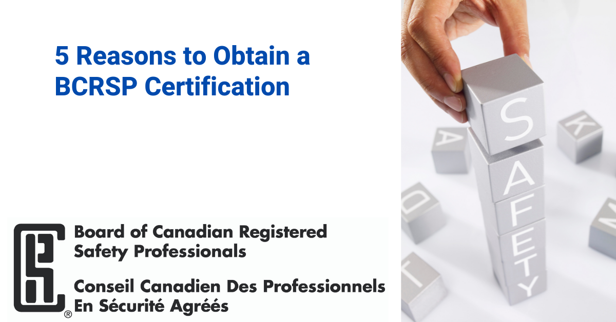 5 Reasons to Obtain a BCRSP Certification with an image of letter blocks spelling safety arranged in a vertical column